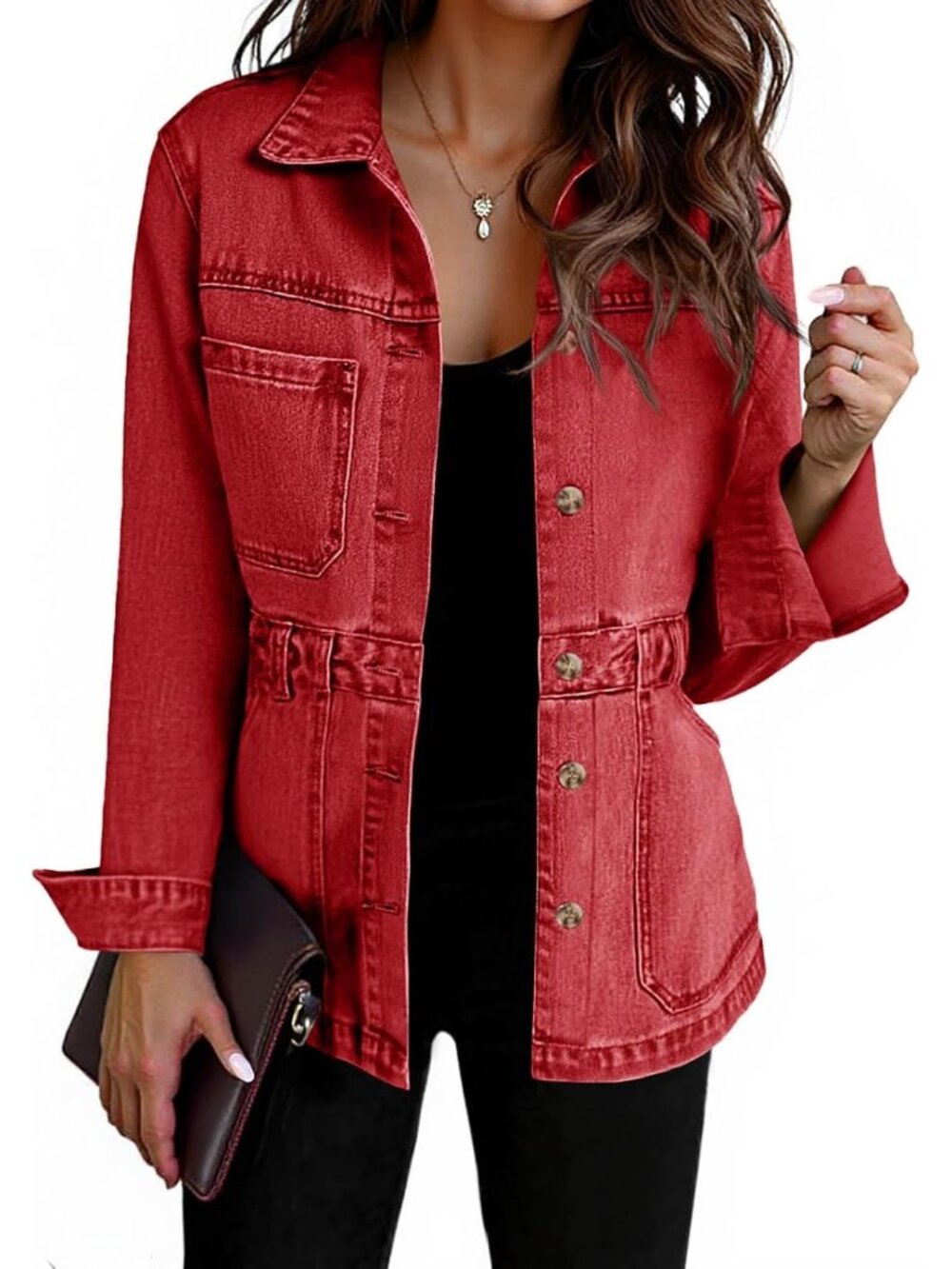 Women's Red Denim Distressed Jean Jacket Oversized Button Down Front Jacket